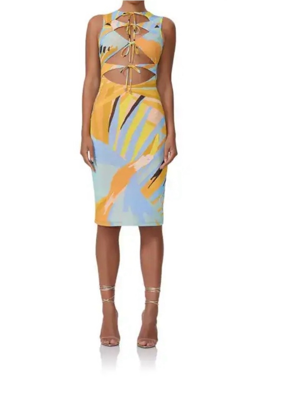 AFRM Yellow & Light Blue Abstract Cutout Midi Pencil Skirt
